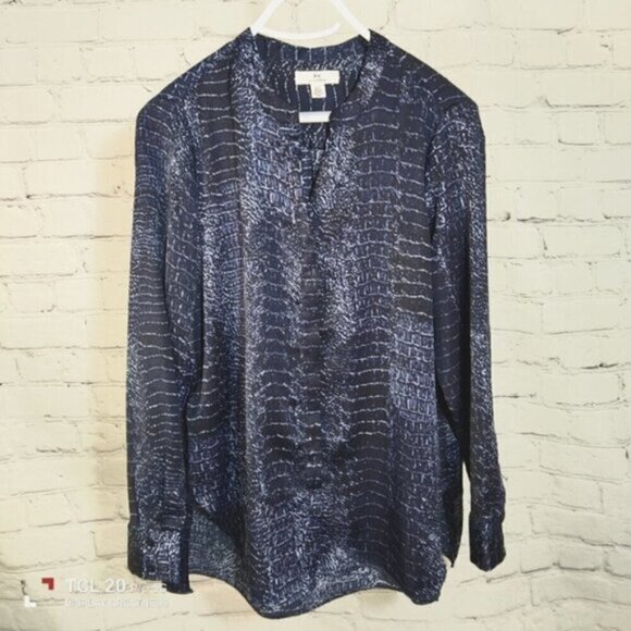 H HALSTON Blue Print Tunic Blouse Top L - Picture 1 of 8